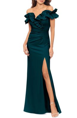 Xscape Ruched Ruffle Scuba Gown in Pine