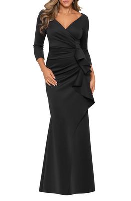 Xscape Ruched Scuba Ruffle Gown in Black