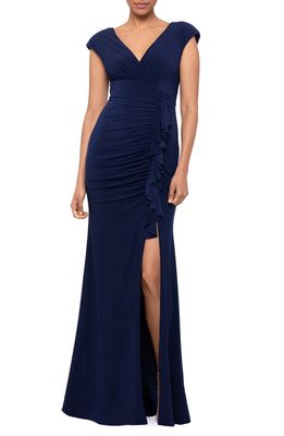 Xscape Ruffle Front Gown in Navy