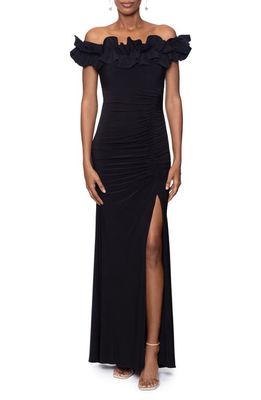 Xscape Ruffle Off the Shoulder Ruched Jersey Gown in Black
