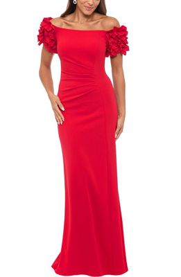 Xscape Ruffle Off the Shoulder Scuba Crepe Gown in Red