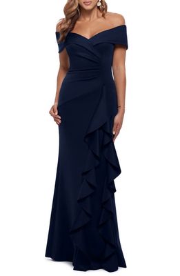 Xscape Ruffle Off the Shoulder Scuba Knit Gown in Midnight