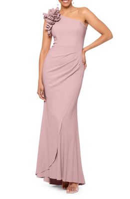 Xscape Ruffle One-Shoulder Scuba Crepe Gown in Rose