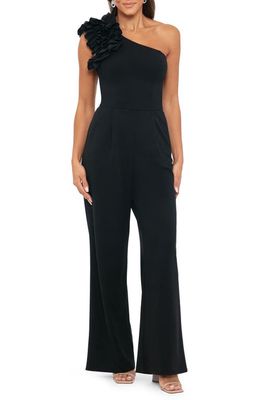 Xscape Ruffle One-Shoulder Scuba Crepe Jumpsuit in Black