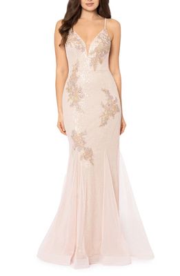Xscape Sequin Embroidered Mermaid Gown in Blush/Gold