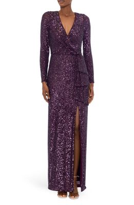 Xscape Sequin Long Sleeve Column Gown in Mulberry