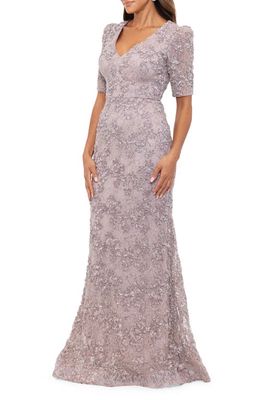 Xscape Soutache Short Sleeve Fit & Flare Gown in Taupe