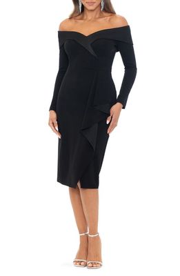 Xscape Tux Side Ruffle Off the Shoulder Long Sleeve Dress in Black