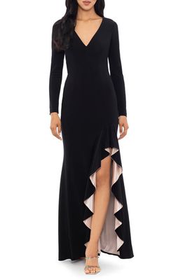 Xscape V-Neck Long Sleeve Gown in Black/Nude