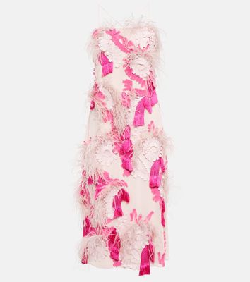 Xu Zhi Feather-trimmed embroidered midi dress