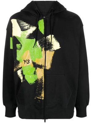 Y-3 logo-print zip-up cotton hoodie - Black