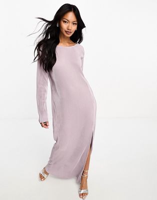 Y.a.s Bridesmaid plisse long sleeved maxi dress with split in lavender-Purple