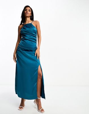 Y.A.S Bridesmaid satin cami maxi dress with ruching detail in deep teal green
