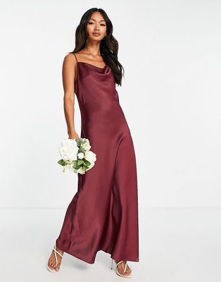 Y.A.S Bridesmaid satin cami midi dress in burgundy-Red