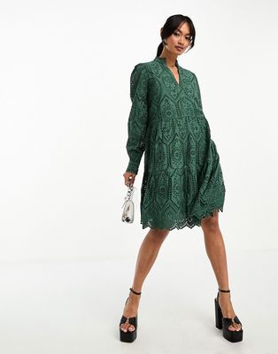 Y.A.S broderie mini smock dress in green