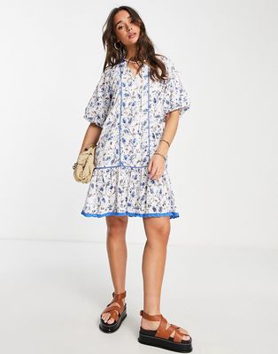Y.A.S cotton eyelet smock mini dress in blue floral - MBLUE