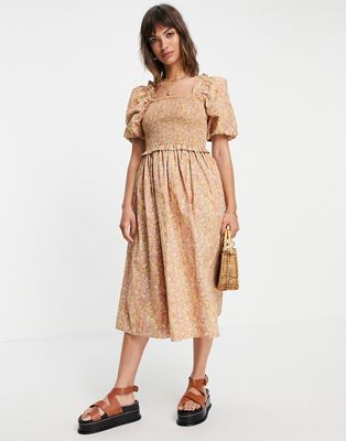 Y.A.S cotton puff sleeve midi dress in beige floral - MULTI