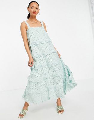 Y.A.S cotton tiered eyelet maxi dress in light blue - MGREEN
