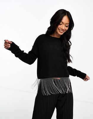 Y.A.S cropped fringed sweater in black