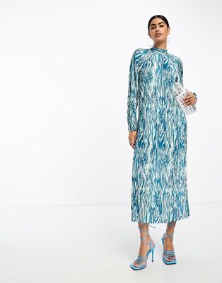 Y.A.S cut out plisse midi dress in blue wave print