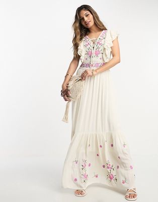 Y.A.S embroidered maxi dress in cream-White