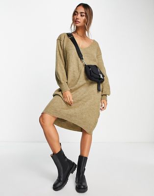 Y.A.S Emmy deep v-neck knit dress in taupe-Green
