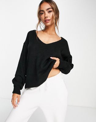 Y.A.S Emmy deep v-neck soft knit sweater in black