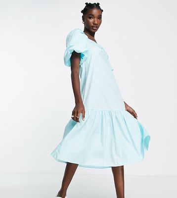 Y.A.S exclusive cotton poplin midi dress with ruched bust detail in blue