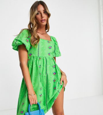 Y.A.S Exclusive mini dress with printed embroidery detail in bright green