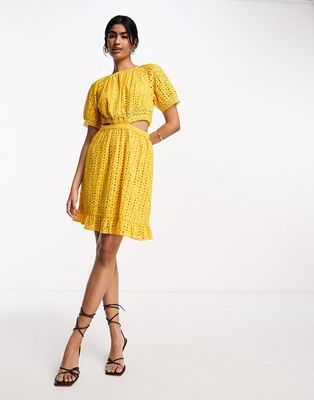 Y.A.S eyelet mini dress with cut out sides in yellow