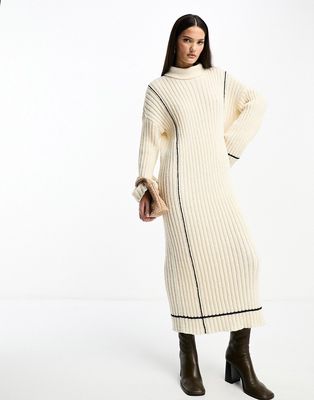 Y.A.S high neck knitted sweater midi dress in cream with contrast stitch-White