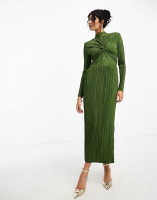 Y.A.S high neck plisse midi dress in green