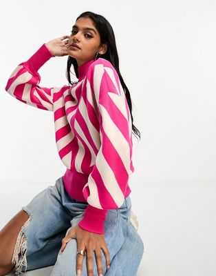 Y.A.S high neck sweater in bold pink stripe