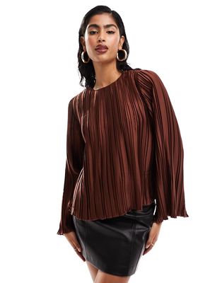 Y.A.S jumbo plisse top with oversized bell sleeves in rich chocolate brown