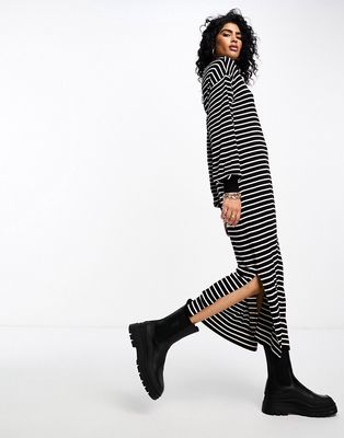 Y.A.S knit high neck midi dress in black mono stripe