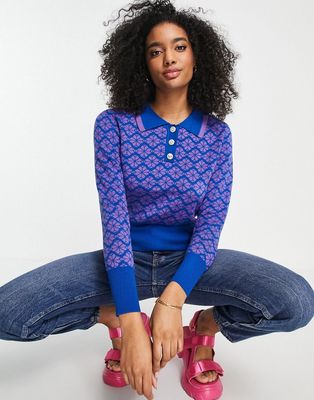 Y.A.S knitted polo top in blue & purple floral-Multi