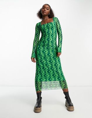 Y.A.S Krizza long sleeve midi dress in green print