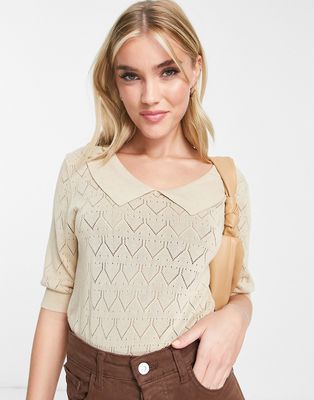 Y.A.S. Lola collar detail short sleeve sweater in sand-Neutral