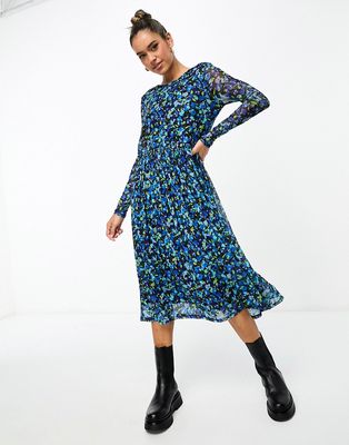 Y.A.S long sleeve mesh midi dress in blue floral print