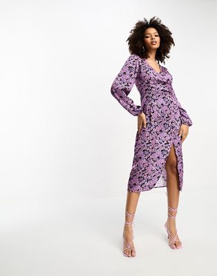 Y.A.S long sleeve midi dress in purple floral print