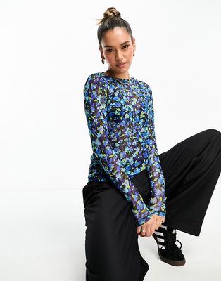 Y.A.S mesh long sleeve top in blue floral print