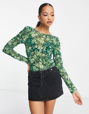 Y.A.S. Nessa floral print mesh top in green multi