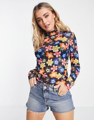Y.A.S Philly mesh turtle neck top in floral-Multi