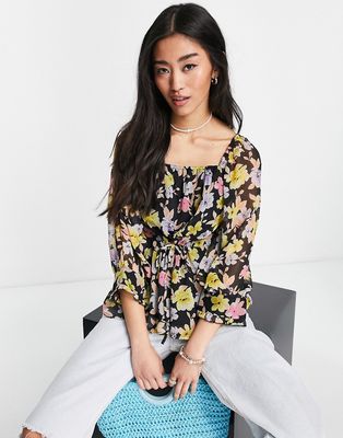 Y.A.S. Pima floral print volume sleeve blouse in black-Multi