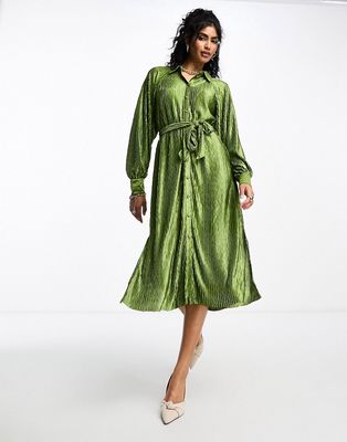 Y.A.S plisse shirt dress with tie belt in olive green