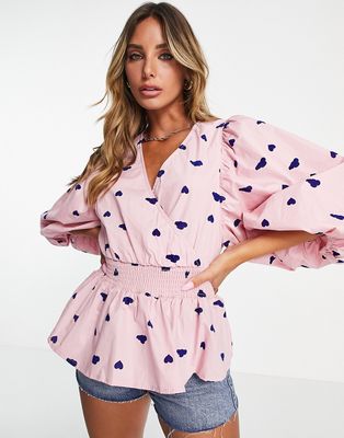 Y.A.S puff sleeve blouse in pink heart print