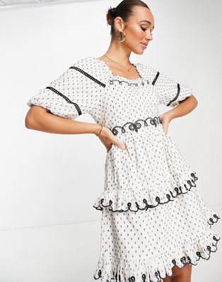 Y.A.S puff sleeve embroidered mini dress in white polka dot