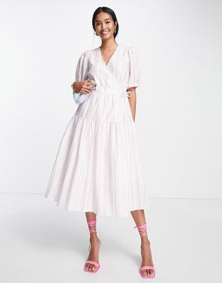 Y.A.S puff sleeve wrap midi dress in pink & white stripe-Multi
