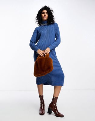 Y.A.S ribbed turtle neck sweater midi dress in blue