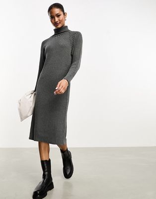 Y.A.S ribbed turtle neck sweater midi dress in gray